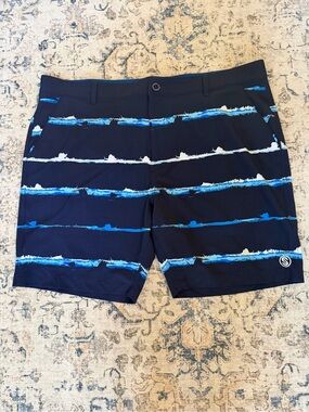 Scales Brand Striped Navy Blue Hybrid Swim Shorts with Blue and White Accents